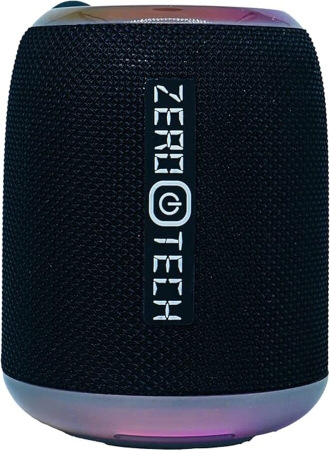 Zero Tech Portable Bluetooth Speaker, Black, RGB Ambient Light with 6 Modes, IPX5 Waterproof, TWS Stereo, Multiple Input Modes, Built-in Microphone
